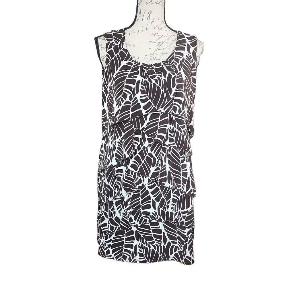 Style & Co Ladies Brown & White Palm Leaf Print Tiered Sleeveless Dress - Size M